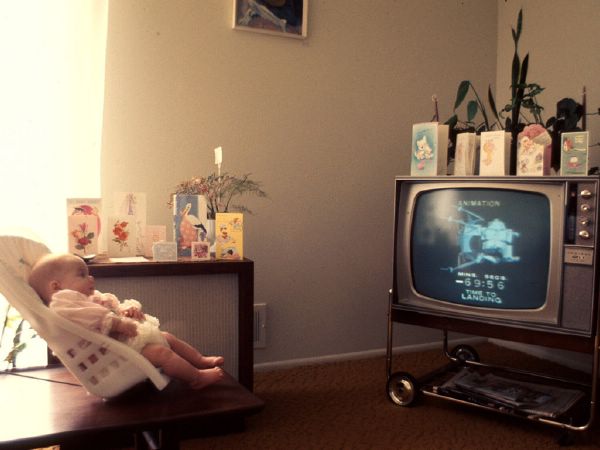 Two month old Anita watching moon landing, 20 July 1969